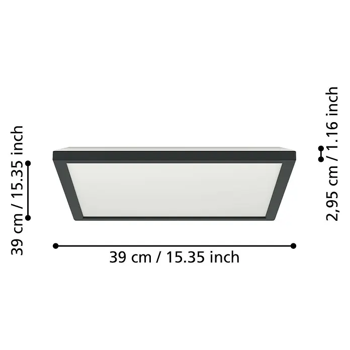 Eglo LED-Deckenleuchte Rovito - 17,6 W, L x B x H: 39 x 39 x 3 cm, Schwarz, Tageslichtweiß - Abbildung einer Deckenleuchte mit den Maßen 39 cm x 39 cm x 2,95 cm.