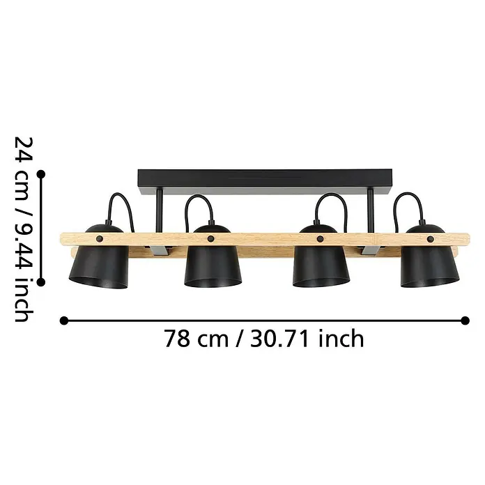 Eglo Connect LED-Deckenleuchte Hornwood-Z - L x B x H: 78 x 14 x 16 cm, Schwarz, Braun, RGBW - Abmessungen der modernen, schwarzen Deckenleuchte mit vier Strahlern und Holzelement.