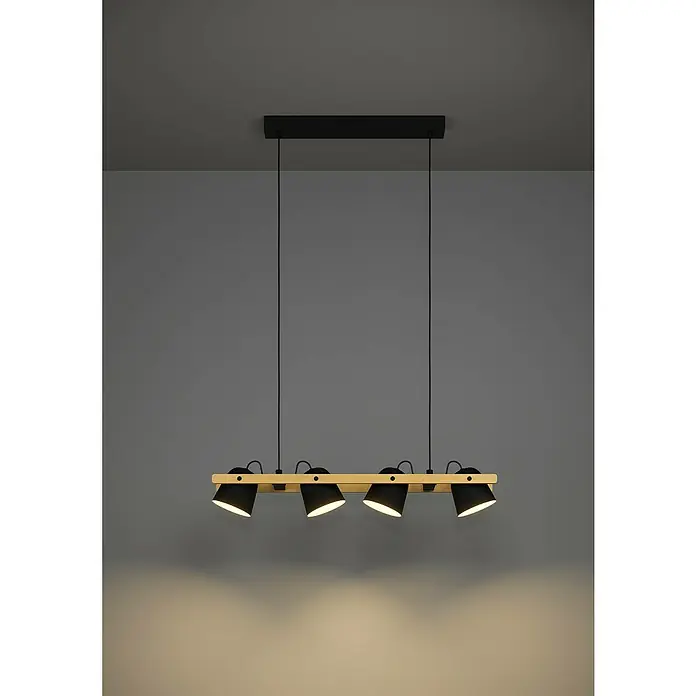 Eglo Connect LED-Pendelleuchte Hornwood-Z - L x B x H: 78 x 14 x 110 cm, Schwarz, Braun, RGBW - Die Hängelampe mit vier schwarzen Strahlern an einer Holzleiste sorgt für eine moderne und zielgerichtete Beleuchtung.
