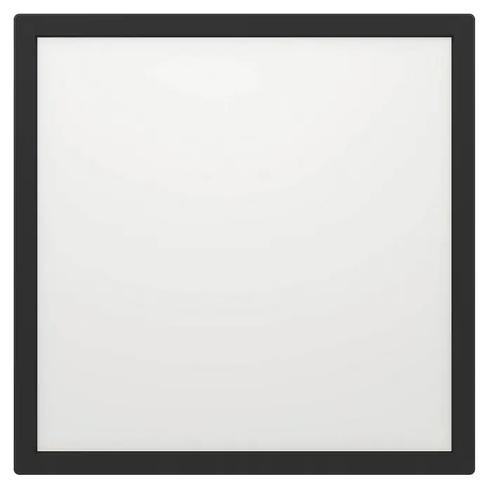 Eglo LED-Deckenleuchte Rovito - 17,6 W, L x B x H: 39 x 39 x 3 cm, Schwarz, Tageslichtweiß - Ein quadratischer Rahmen in Schwarz umgibt ein helles, weißes Feld, das eine minimalistische und moderne Ästhetik erzeugt.