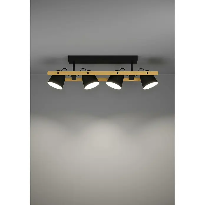 Eglo Connect LED-Deckenleuchte Hornwood-Z - L x B x H: 78 x 14 x 16 cm, Schwarz, Braun, RGBW - Deckenleuchte mit vier Strahlern in Schwarz und Holzoptik, die ein helles Licht in den Raum wirft. Modernes Design für stilvolle Beleuchtung.