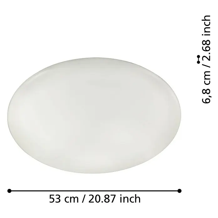 Eglo connect.z LED-Deckenleuchte rund Totari-Z - 44,8 W, Ø x H: 53 x 7 cm, Weiß, Neutralweiß - Nahaufnahme einer weißen, runden Deckenleuchte mit Maßangaben in cm und Zoll.