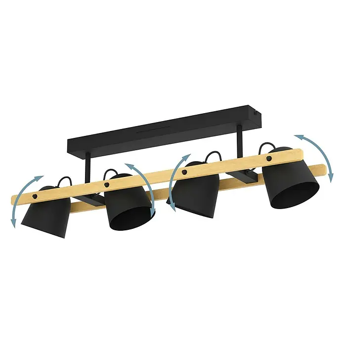 Eglo Connect LED-Deckenleuchte Hornwood-Z - L x B x H: 78 x 14 x 16 cm, Schwarz, Braun, RGBW - Die Deckenleuchte verfügt über vier verstellbare Strahler mit einer Kombination aus Holz und schwarzem Metall, um das Licht flexibel auszurichten.