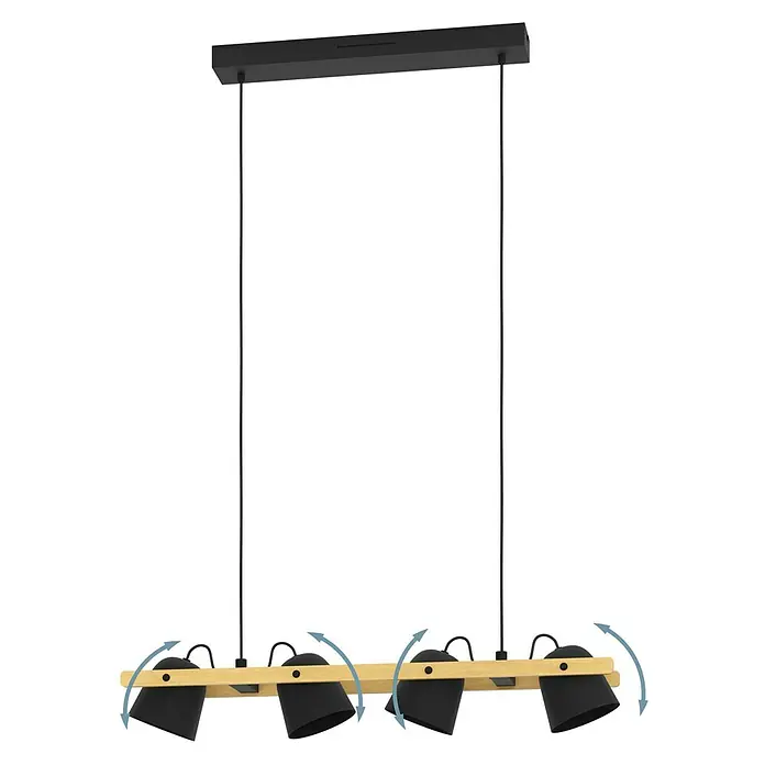 Eglo Connect LED-Pendelleuchte Hornwood-Z - L x B x H: 78 x 14 x 110 cm, Schwarz, Braun, RGBW - Moderne Hängelampe mit vier verstellbaren schwarzen Lampenschirmen und Holzdetails, ideal für Esszimmer oder Wohnbereich.