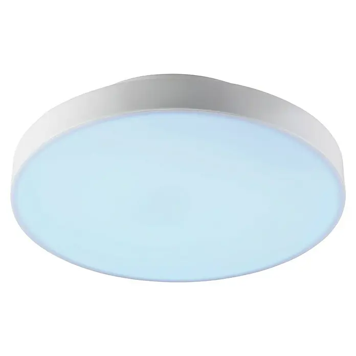 Eglo connect.z LED-Deckenleuchte TURCONA-Z - Ø x H: 30 x 6 cm, RGB, Dimmbar - Nahaufnahme einer runden, weißen Deckenleuchte, die ein sanftes, blaues Licht ausstrahlt und eine moderne Beleuchtungslösung darstellt.