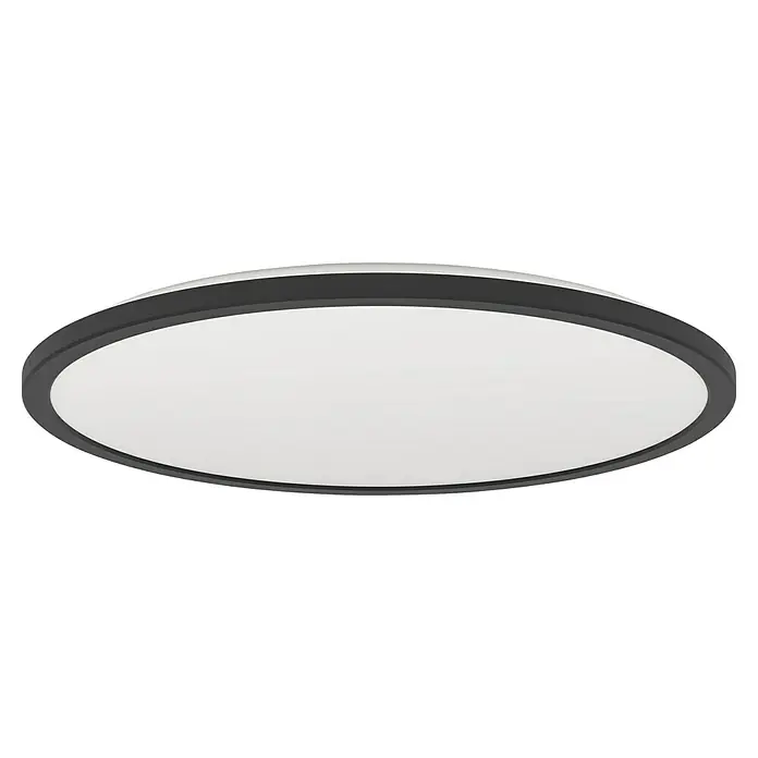 Eglo LED-Deckenleuchte Rovito - 18,5 W, Ø x H: 50 x 3 cm, Schwarz, Warmweiß - Eine flache, runde Deckenleuchte mit einem grauen Rahmen und einer weißen Lampenfläche. Ideal für moderne Innenräume und Büros.
