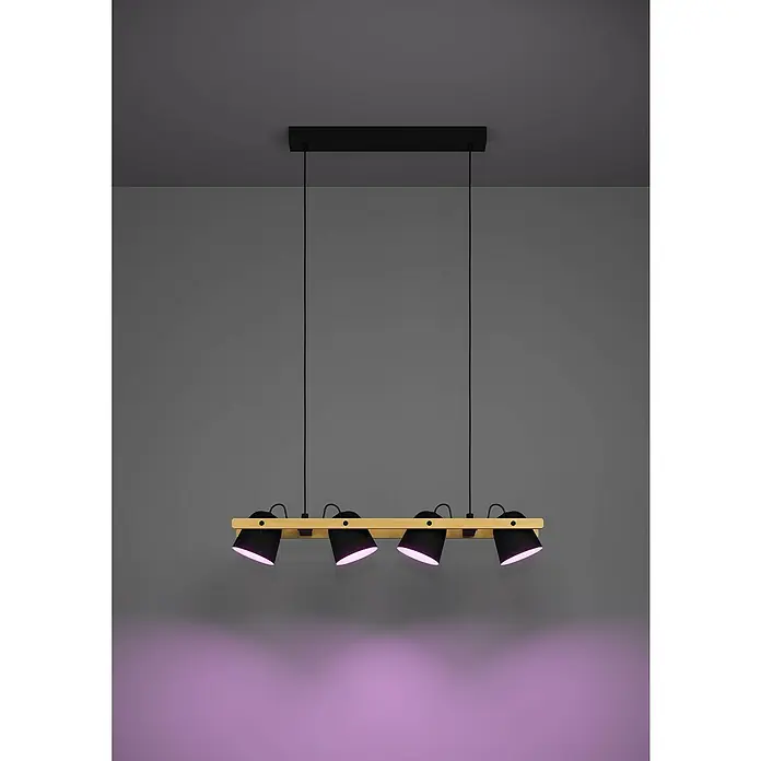 Eglo Connect LED-Pendelleuchte Hornwood-Z - L x B x H: 78 x 14 x 110 cm, Schwarz, Braun, RGBW - Moderne Hängeleuchte mit vier Strahlern in Schwarz und Holz für stimmungsvolle Beleuchtung.