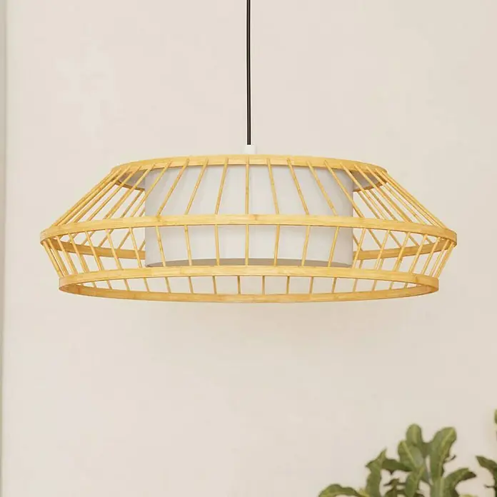 Eglo LED-Pendelleuchte rund Yuku-Z - 22 W, Ø x H: 46 x 110 cm, Bambus - Elegante Hängelampe mit einem Rahmen aus hellem Holz und einem Lampenschirm aus weißem Stoff, die eine warme und stilvolle Beleuchtung bietet.