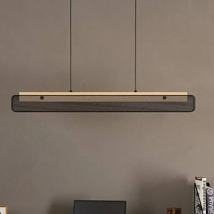 Eglo Connect LED-Pendelleuchte Kokomo-Z - 34 W, L x B x H: 99 x 5 x 110 cm, Schwarz, Braun, RGBW - Eine moderne Hängelampe mit Holz- und Metallelementen. Ideal für Wohn- und Arbeitsbereiche mit industriellem Flair.
