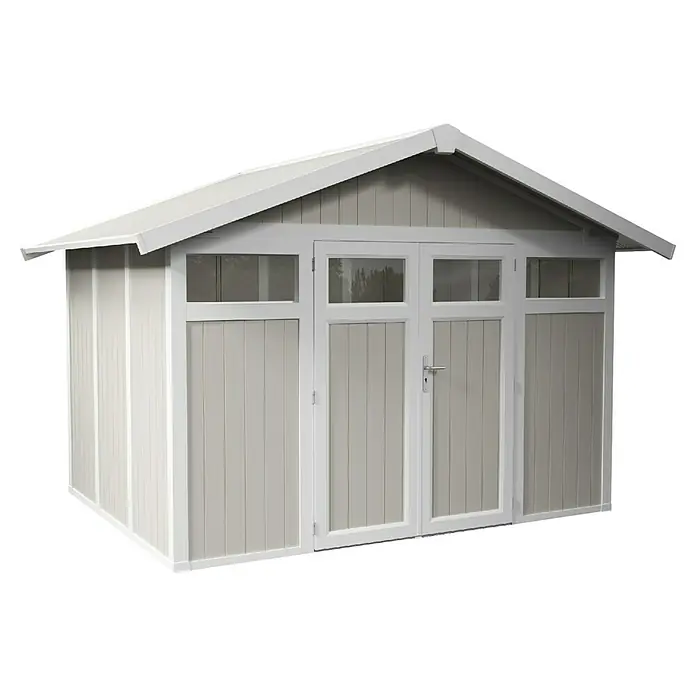 Grosfillex Gerätehaus Utility V7,5 - Außenmaß inkl. Dachüberstand (B x T): 370 x 298 cm, Kunststoff, Grau-grün - Ein geräumiges Gartenhaus in neutralen Farbtönen mit Doppeltür, ideal zur Aufbewahrung von Gartengeräten und -möbeln.