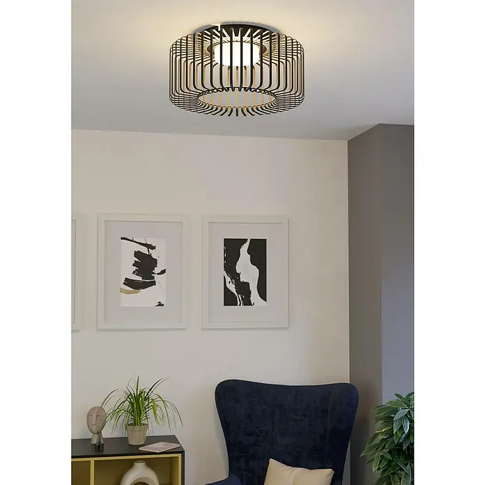Eglo Connect LED-Deckenleuchte rund Ginestrone-Z - 22 W, Ø x H: 45 x 22 cm, Schwarz, RGBW - Eine moderne Deckenleuchte mit einem dekorativen, runden Schirm aus schwarzen Metallstäben, die ein warmes Licht im Raum verbreitet.