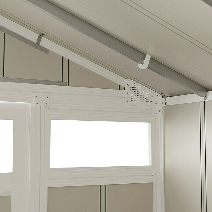 Grosfillex Gerätehaus Utility V7,5 (Außenmaß inkl. Dachüberstand (B x T): 370 x 298 cm, Kunststoff, Grau-grün) | BAUHAUS