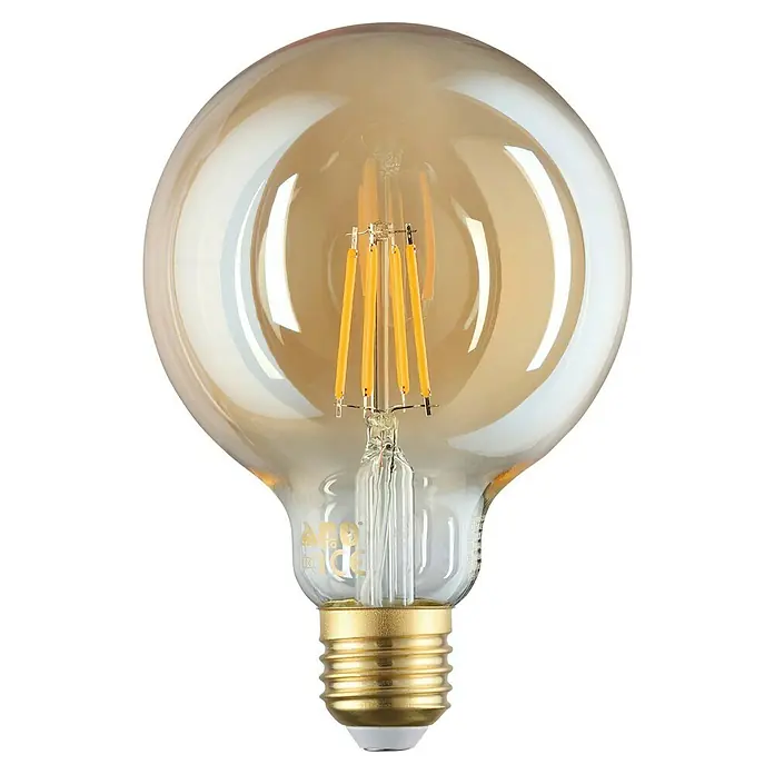 Eglo connect.z Smart-LED-Lampe - E27, Dimmbar, Warmweiß, 4,9 W, 500 lm, 1 Stk. - Nahaufnahme einer dekorativen LED-Glühbirne mit goldfarbenem Glas und sichtbaren Glühfäden, die ein warmes Licht ausstrahlt.