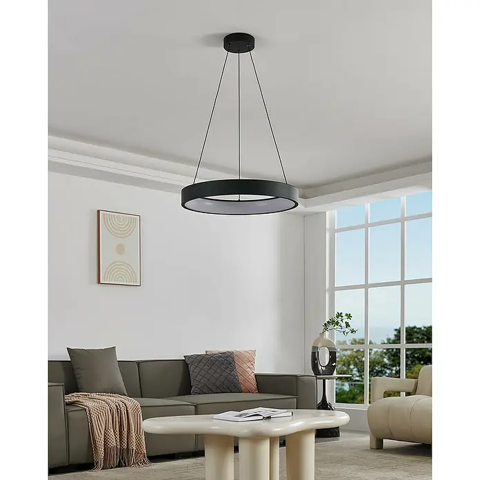 Eglo LED-Pendelleuchte rund Marghera-Z - Ø x H: 60 x 110 cm, Neutralweiß - Schwarze Hängeleuchte mit Ringdesign, die einen modernen Touch in das Wohnzimmer bringt und für eine stilvolle Beleuchtung sorgt.