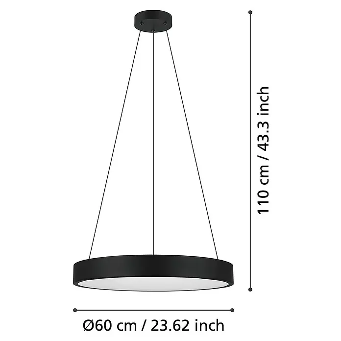 Eglo LED-Pendelleuchte rund Marghera-Z - Ø x H: 60 x 110 cm, Neutralweiß - Abbildung einer stilvollen, runden LED-Hängeleuchte in Schwarz mit Größenangaben, die sich ideal für moderne Innenräume eignet.