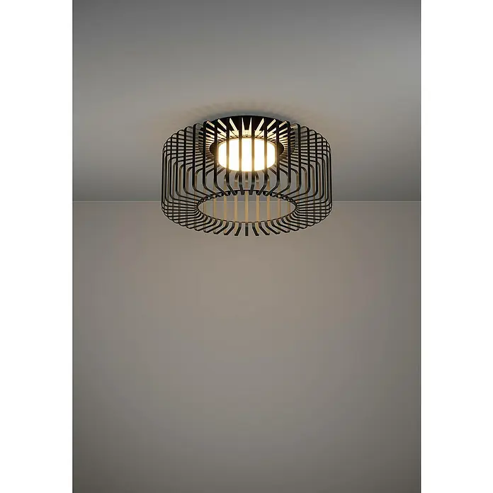Eglo Connect LED-Deckenleuchte rund Ginestrone-Z - 22 W, Ø x H: 45 x 22 cm, Schwarz, RGBW - Nahaufnahme einer runden Deckenleuchte aus schwarzem Metall mit einer warmweiß leuchtenden Glühbirne in der Mitte.