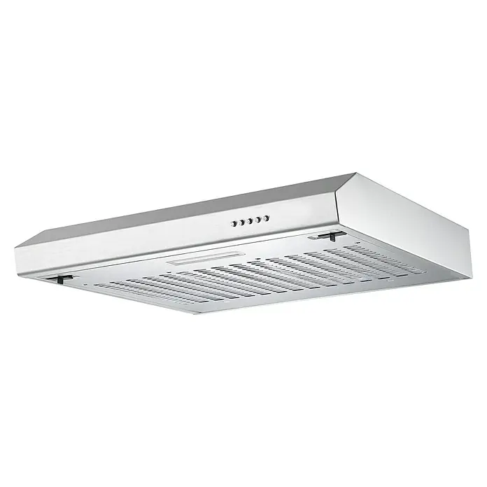 Respekta Unterbauhaube Sina - Breite: 60 cm, Max. Gebläseleistung Abluftbetrieb: 206,1 m³/h, Edelstahl - Eine moderne Dunstabzugshaube aus Edelstahl, perfekt für jede Küche. Das Gerät ist mit Lüftungsschlitzen und Knöpfen ausgestattet.