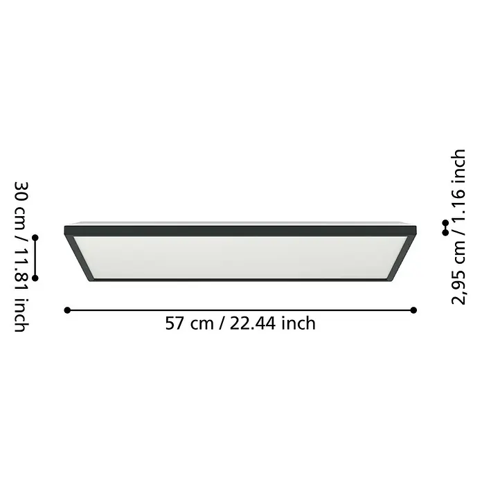 Eglo LED-Deckenleuchte Rovito - 17,2 W, L x B x H: 57 x 30 x 3 cm, Schwarz, Tageslichtweiß - Produktbild mit den Maßen einer modernen Deckenleuchte in Grau und Weiß, mit einer Länge von 57 cm.