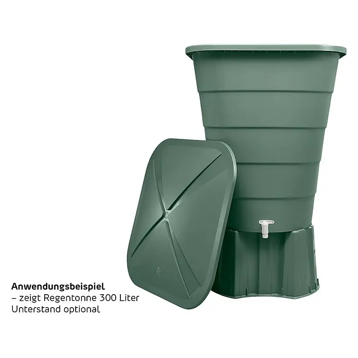 Garantia Regentonne Ibiza - 300 l, Grün, 1 Stk. - Regenwassertonne mit Deckel. Ideal zur Gartenbewässerung und zum Sammeln von Regenwasser. Unterstand optional.