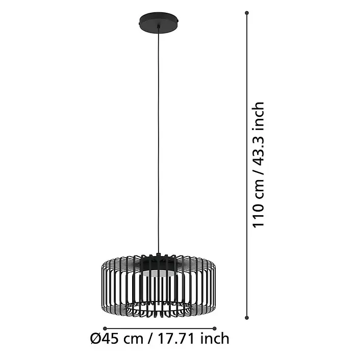 Eglo Connect LED-Pendelleuchte rund Ginestrone-Z - 22 W, Ø x H: 45 x 110 cm, Schwarz, RGBW - Abbildung einer schwarzen Pendelleuchte mit den Maßen 110 cm Höhe und 45 cm Durchmesser.