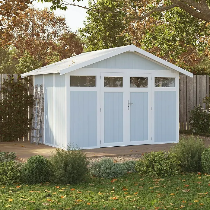 Grosfillex Caseta para jardín Utility - Medidas ext. (An x Pr): 370 x 298 cm, Plástico, Gris azulado - Caseta de jardín luminosa con puertas dobles y ventanas, ideal para guardar herramientas y muebles de jardín al aire libre.