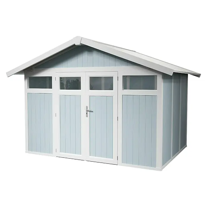 Grosfillex Gerätehaus Utility V7,5 - Außenmaß inkl. Dachüberstand (B x T): 370 x 298 cm, Kunststoff, Grau-blau - Gartenhaus mit Doppeltür und Fenstern, hellblau und weiß, ideal für die Gartenaufbewahrung.