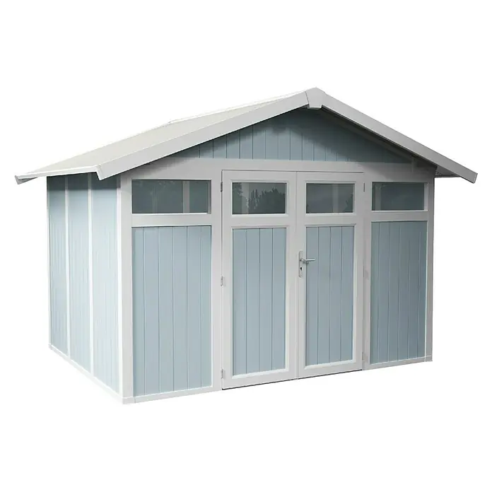 Grosfillex Gerätehaus Utility V7,5 - Außenmaß inkl. Dachüberstand (B x T): 370 x 298 cm, Kunststoff, Grau-blau - Gartenhaus mit Doppeltür und Oberlichtern, hellblau gestrichen und mit weißem Rahmen, ideal für Gartengeräte.