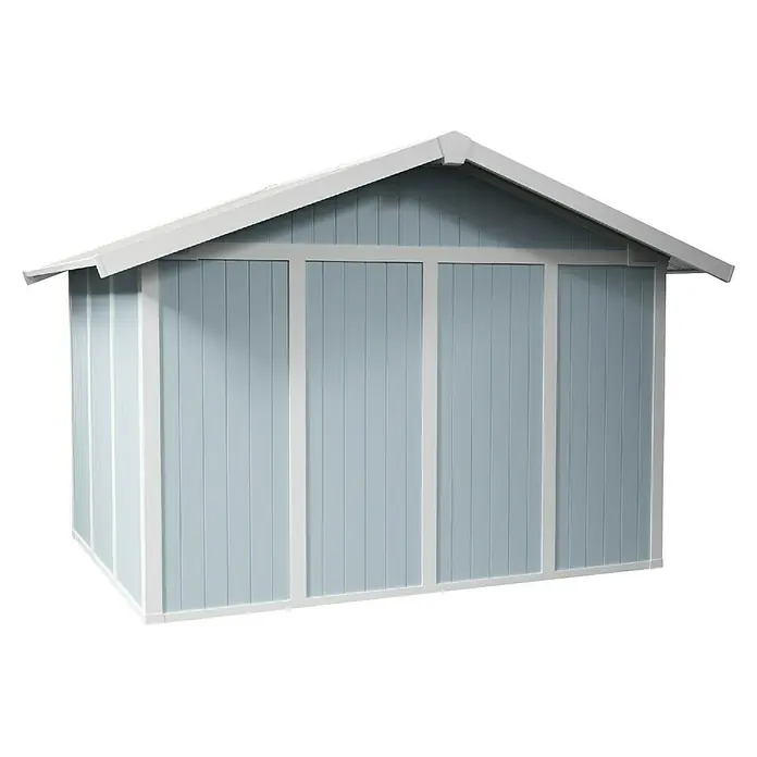 Grosfillex Gerätehaus Utility V7,5 - Außenmaß inkl. Dachüberstand (B x T): 370 x 298 cm, Kunststoff, Grau-blau - Ein hellblaues Gartenhaus mit weißen Rahmen und Giebeldach, ideal für die Aufbewahrung von Gartengeräten und -möbeln.