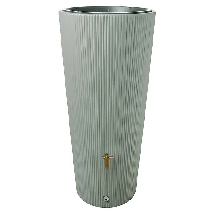 4rain Regenspeicher Vaso Decor 2in1 - 220 l, Agave - Grauer Regenspeicher mit vertikal geriffelter Textur und goldenem Wasserhahn. Ideal zur Wassersammlung im Garten.