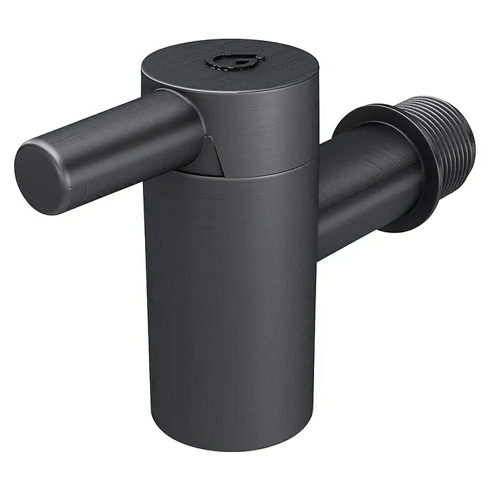 Graf Auslaufhahn Aqua Pronto XL - Passend für: Garantia Kunststoff-Regentonnen - Eine Nahaufnahme eines schwarzen Wasserhahns mit zwei zylindrischen Ausläufen. Das Design ist modern und minimalistisch.