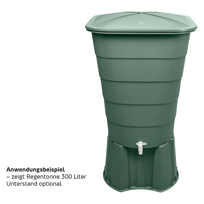 Garantia Regentonne Ibiza - 300 l, Grün, 1 Stk. - Anwendungsbeispiel einer grünen 300-Liter-Regentonne mit Deckel und optionalem Unterstand.