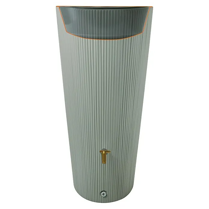 4rain Regenspeicher Vaso Decor 2in1 - 220 l, Agave - Graue Regentonnen-Regenwasser-Erntebehälter für den Garten mit Rillenstruktur, mit Messinghahn und Wasserhahn ausgestattet.