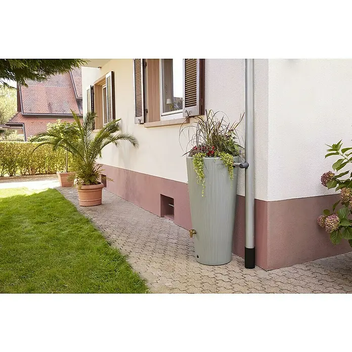 4rain Regenspeicher Vaso Decor 2in1 - 220 l, Agave - Der Regenwassertank in stilvollem Grau mit Bepflanzung, eine umweltfreundliche Lösung zur Wasserspeicherung im Garten.