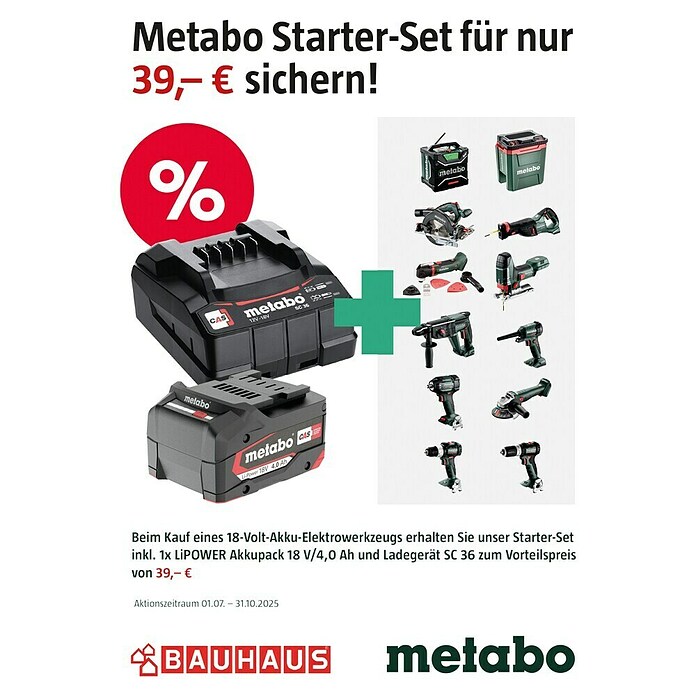 Metabo CAS 18V Maschinenpaket (Akku-Winkelschleifer W 18 LT BL 11-125 + 39€ Akku-Basis-Set) | BAUHAUS