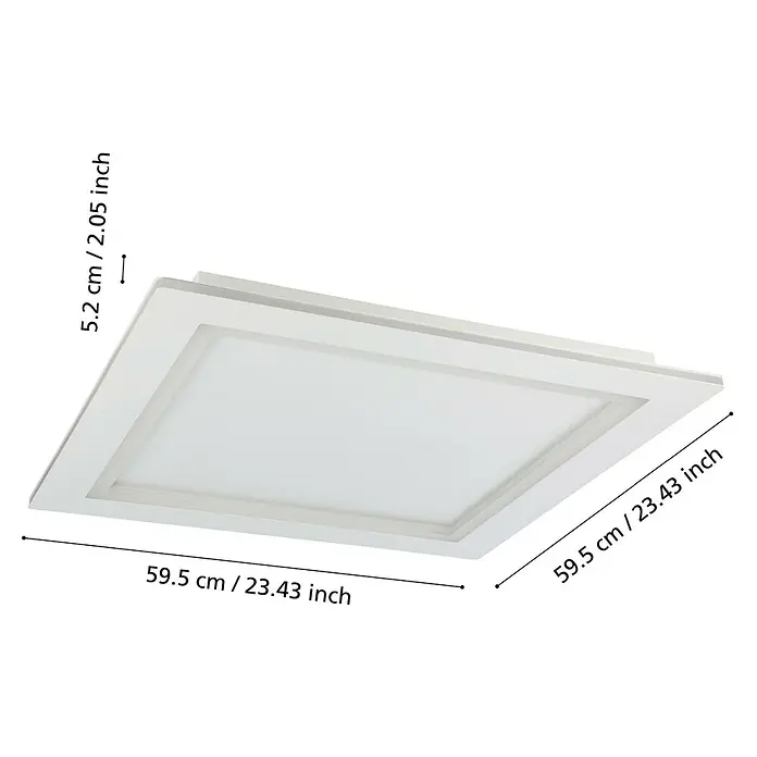 Eglo LED-Deckenleuchte Padrogiano - L x B x H: 59,5 x 59,5 x 0,5 cm, 35,5 W, Kaltweiß - Ein weißer LED-Deckenleuchter mit quadratischer Form und detaillierten Maßangaben.