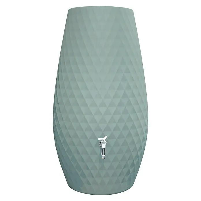 Garantia Regenspeicher Triagon 2 in 1 - 230 l, Agave, 1 Stk. - Eine moderne, blaue Regentonne mit einem auffälligen Diamantenmuster und einem silbernen Wasserhahn für den Garten.