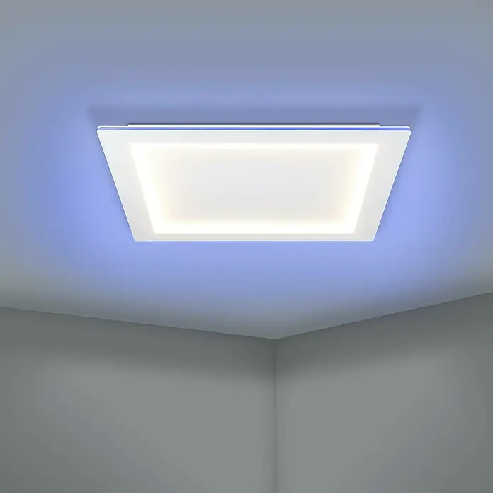Eglo LED-Deckenleuchte Padrogiano - L x B x H: 59,5 x 59,5 x 0,5 cm, 35,5 W, Kaltweiß - Modernes quadratisches LED-Panel mit blauer Hintergrundbeleuchtung an der Decke.
