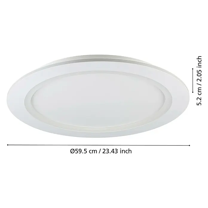 Eglo LED-Deckenleuchte Padrogiano-Z - Durchmesser: 59,5 cm, Kaltweiß, Kunststoff, Dimmbar - Nahaufnahme einer flachen, runden LED-Deckenleuchte in Weiß, die die Abmessungen zeigt.