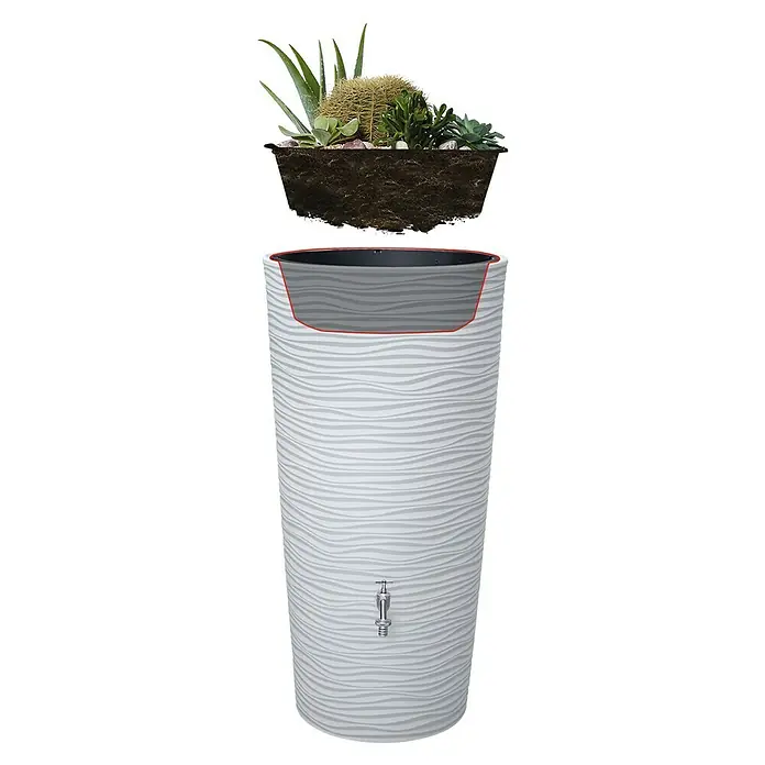 Garantia Modern Line Regenspeicher Natura 2 in 1 - 210 l, Arctic, 1 Stk. - Der schlanke, weiße Regenspeicher mit Wellenmuster und einem dekorativen Pflanzgefäß. Perfekt für Gartenfreunde, die Wert auf Design legen.