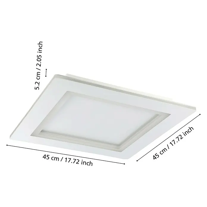 Eglo LED-Deckenleuchte Padrogiano - L x B: 450 x 450 mm, Kaltweiß, Dimmbar - Nahaufnahme einer quadratischen, weißen Deckenleuchte mit LED-Beleuchtung und den Maßen 45x45x5,2 cm.