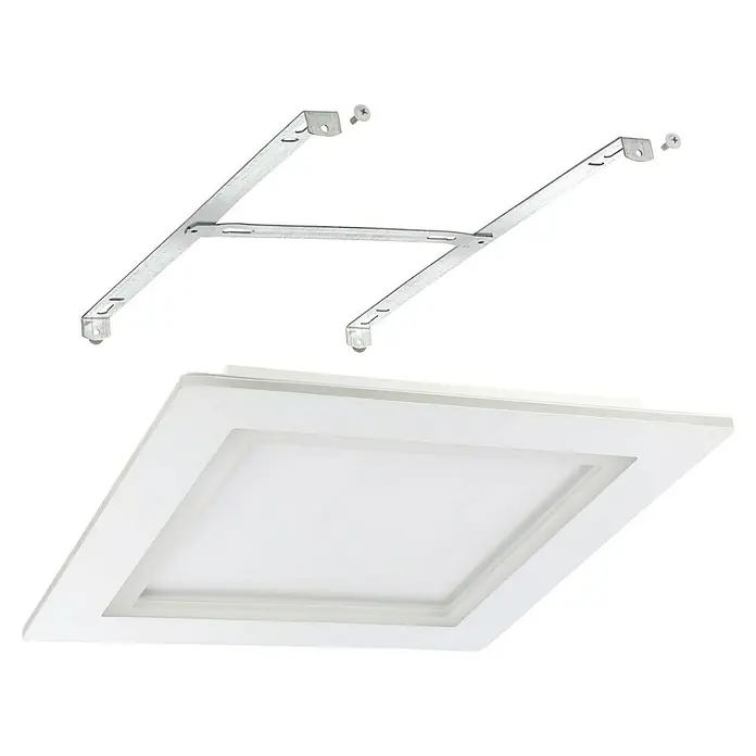 Eglo LED-Deckenleuchte Padrogiano - L x B: 450 x 450 mm, Kaltweiß, Dimmbar - Detailaufnahme einer LED-Paneel Deckenleuchte mit Rahmen und zugehöriger Montagehalterung.