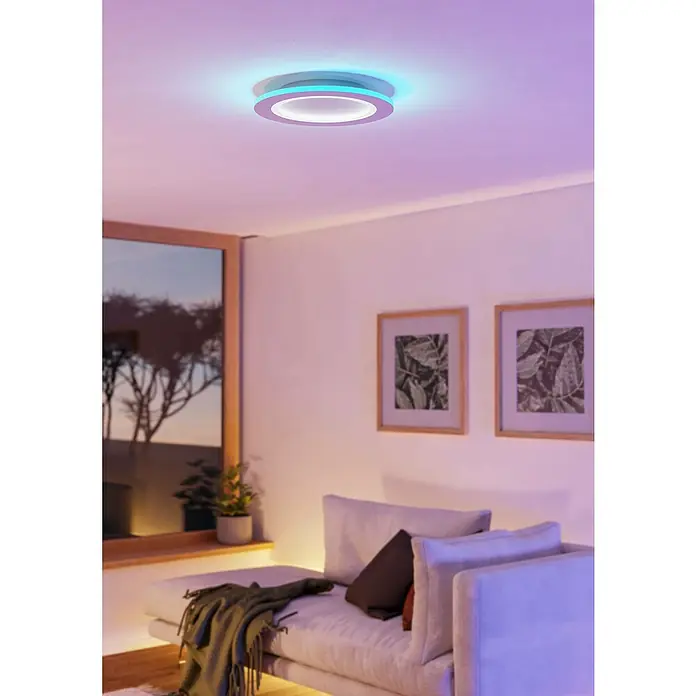 Eglo LED-Deckenleuchte Padrogiano-Z - Durchmesser: 59,5 cm, Kaltweiß, Kunststoff, Dimmbar - Deckenleuchte mit farbigem Ring, die ein modernes Ambiente schafft. Die Lampe leuchtet hell und gleichmäßig.