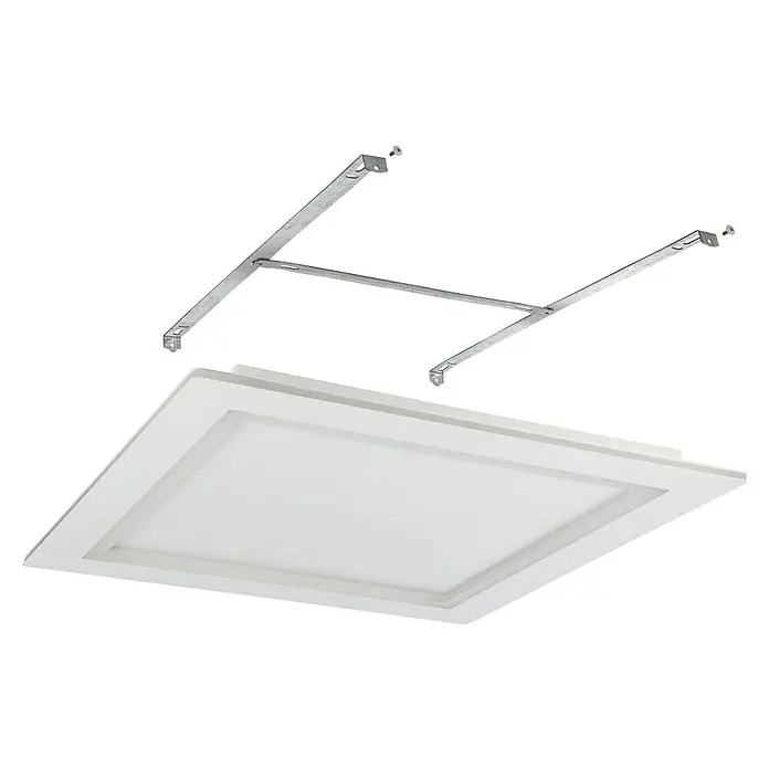 Eglo LED-Deckenleuchte Padrogiano - L x B x H: 59,5 x 59,5 x 0,5 cm, 35,5 W, Kaltweiß - Nahaufnahme einer quadratischen LED-Panel-Leuchte mit weißem Rahmen und silberner Montagevorrichtung, ideal für moderne Büros und Wohnräume.