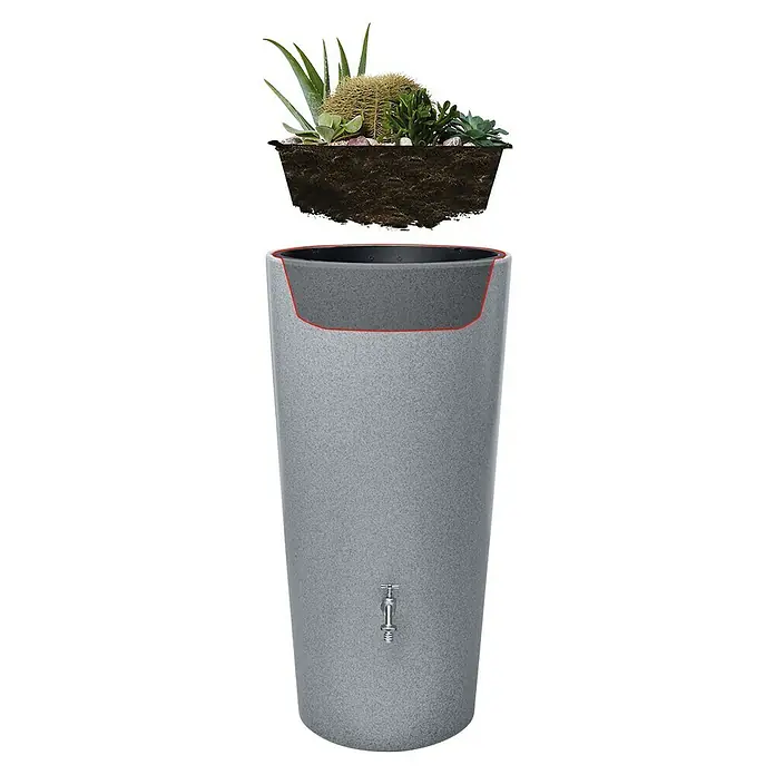 Garantia Modern Line Regenspeicher Stone 2 in 1 - 210 l, Silver - Ein stilvoller, grauer Pflanzkübel mit integriertem Wasserhahn, der ideal für Gärten und Terrassen ist und ein Arrangement aus Sukkulenten zeigt.