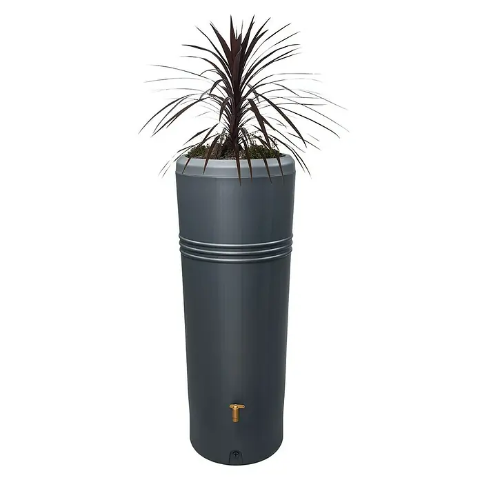 Garantia Regenspeicher Azura 2in1 - 340 l, Graphite - Eine graue Regentonnen-Pflanzgefäß-Kombination mit Pflanze, die eine stilvolle und praktische Lösung für die Gartenbewässerung darstellt.