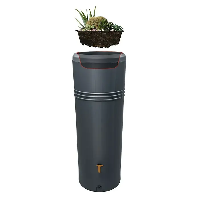 Garantia Regenspeicher Azura 2in1 - 340 l, Graphite - Grauer Regenspeicher mit Pflanzschale auf dem Deckel. Das ideale Produkt für Gartenliebhaber, die Wasser sparen und die Natur lieben.