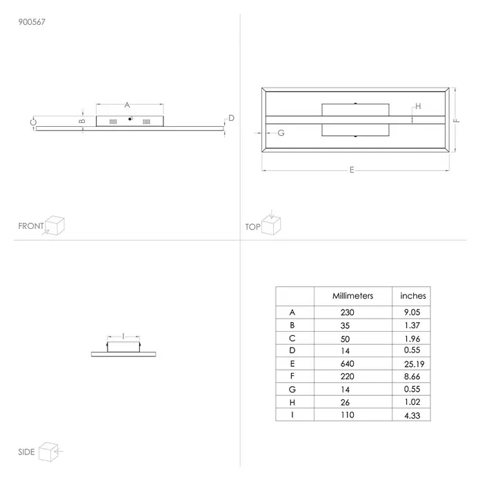 Eglo LED-Deckenleuchte Calagrano - L x B x H: 640 x 220 x 50 mm, Dimmbar, 3.000 K - 6.500 K - Abbildung des Produkts 900567 mit verschiedenen Ansichten und Maßangaben in Millimetern und Zoll.