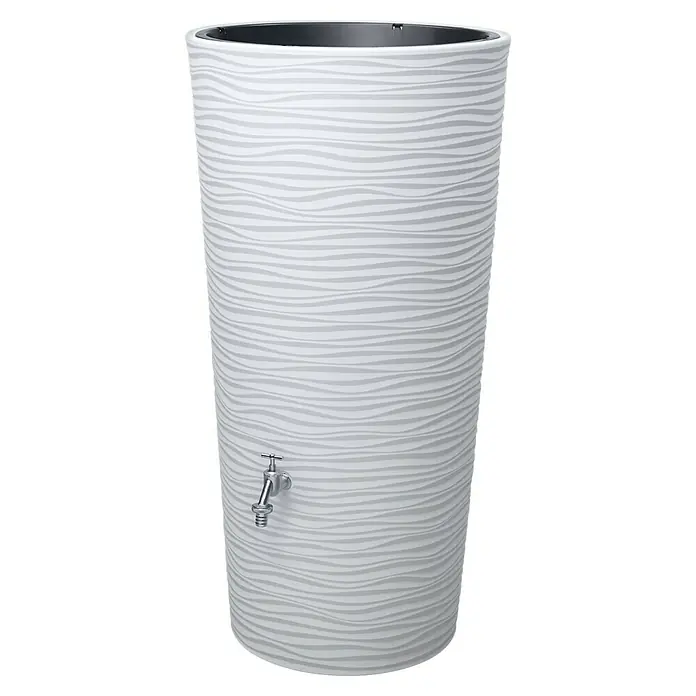 Garantia Modern Line Regenspeicher Natura 2 in 1 - 210 l, Arctic, 1 Stk. - Regentonne in Weiß mit Wasserhahn. Die Tonne hat ein modernes, gewelltes Design und dient zur Regenwassernutzung im Garten.