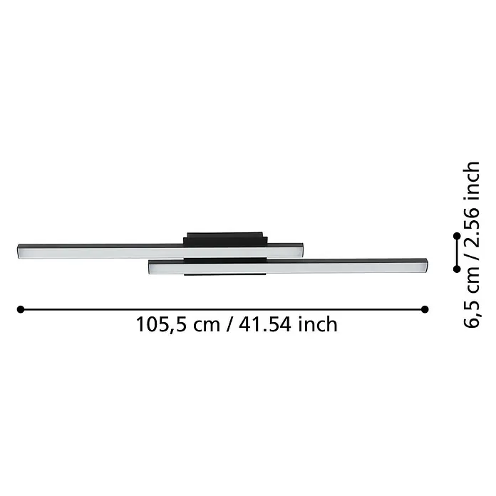 Eglo Connect LED-Deckenleuchte Fraioli-Z - L x B x H: 105 x 12 x 6,5 cm, Schwarz, RGBW - Abbildung einer modernen Deckenleuchte in Schwarz und Weiß mit Maßangaben.