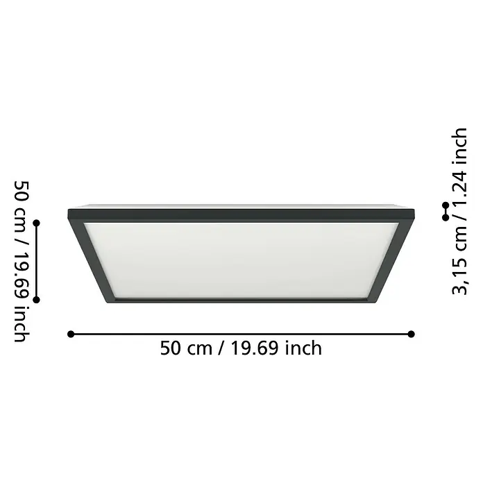 Eglo LED-Deckenleuchte Rovito-R - 17 W, L x B x H: 50 x 50 x 3,2 cm, Schwarz, Tageslichtweiß - Abmessungen der LED-Deckenleuchte mit einer Länge und Breite von 50 cm und einer Höhe von 3,15 cm.